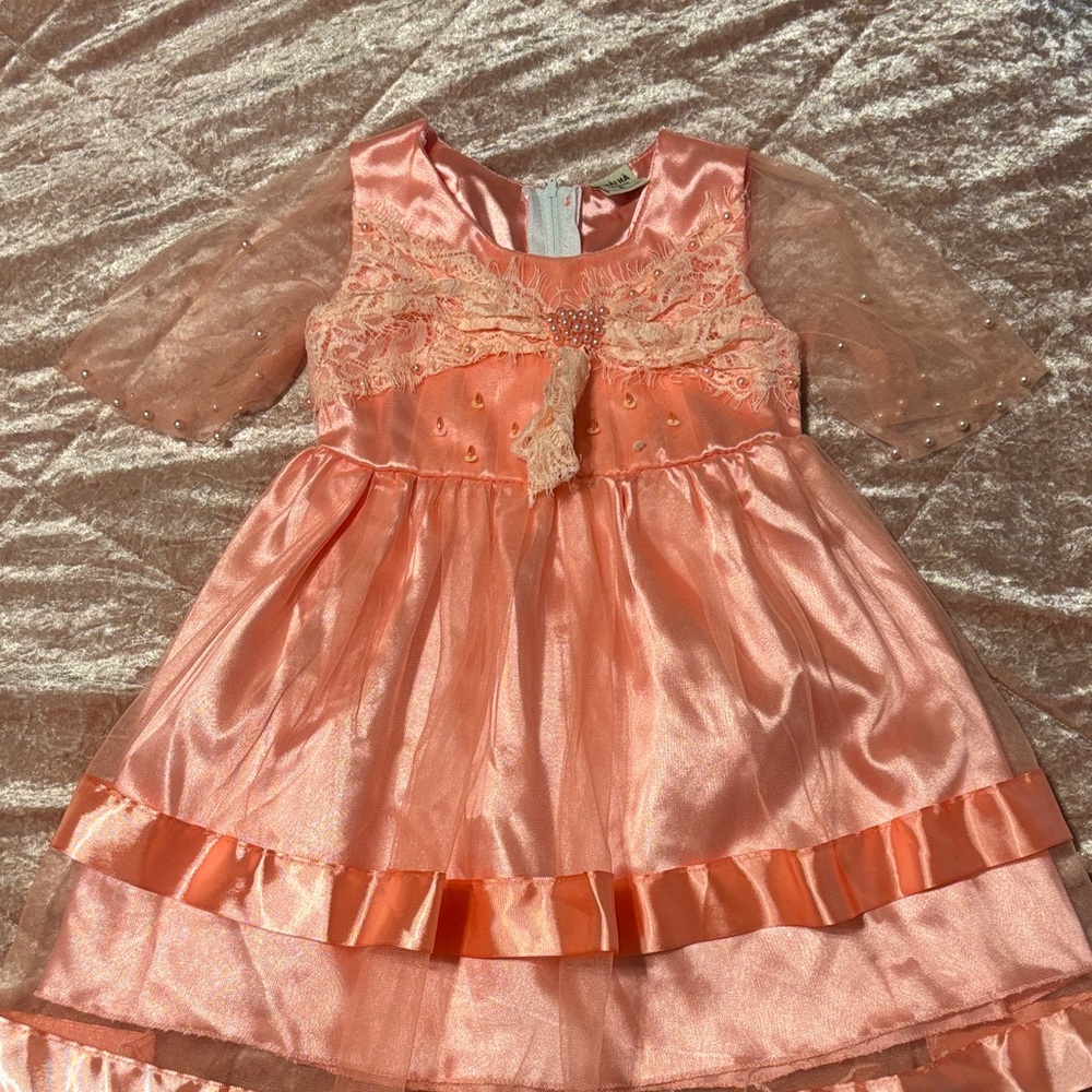 Peach Satin Dress with Lace Details
